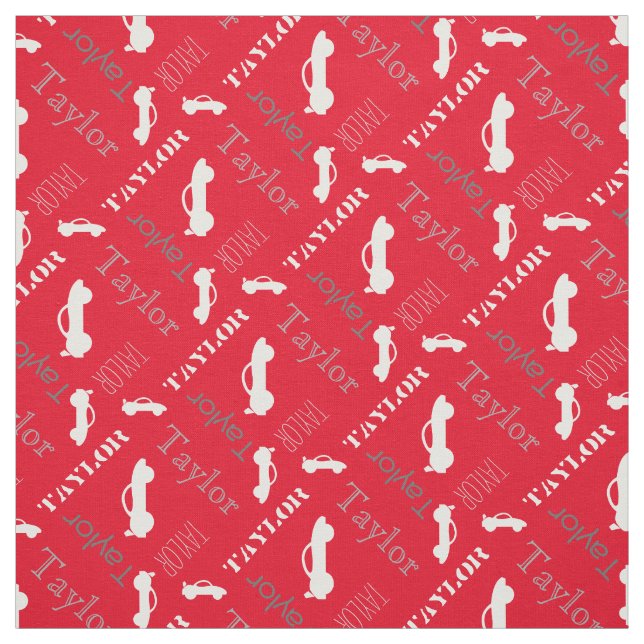 Red grey personalised name boys car text fabric (Swatch)