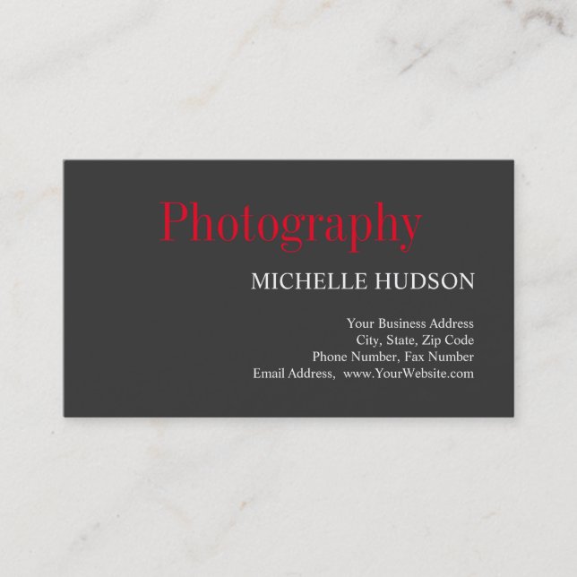 Red Grey Plain Modern Photography Artist Business Card (Front)