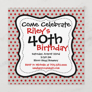 Red Grey Polka Dots 40th Birthday Party Invitation