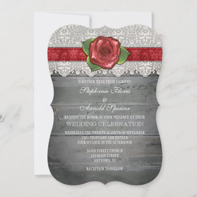 Red Grey Rustic Wood Rose Wedding Invite (Front)
