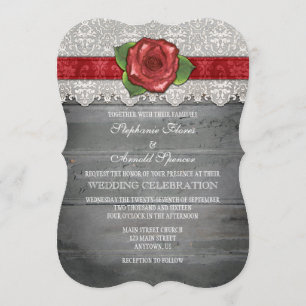 Red Grey Rustic Wood Rose Wedding Invite