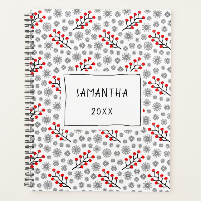 Red Grey Scandinavian Floral Pattern Planner (Front)