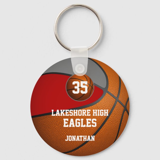Red grey school colours boys' basketball team key ring (Front)