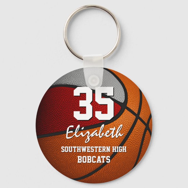 Red grey school colours girls boys basketball key ring (Front)