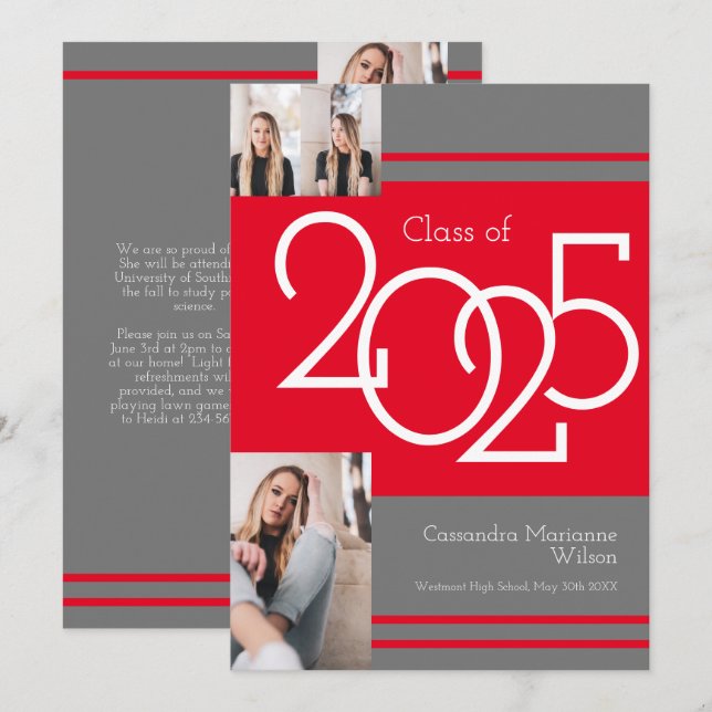 Red Grey School Colours Graduation Announcement (Front/Back)