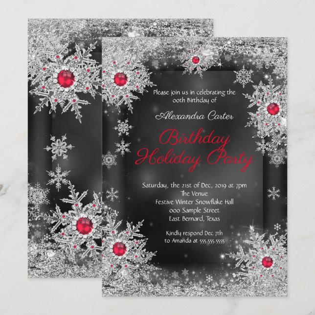 Red grey silver snowflake holiday birthday party invitation (Front/Back)