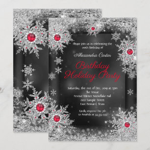 Red grey silver snowflake holiday birthday party invitation