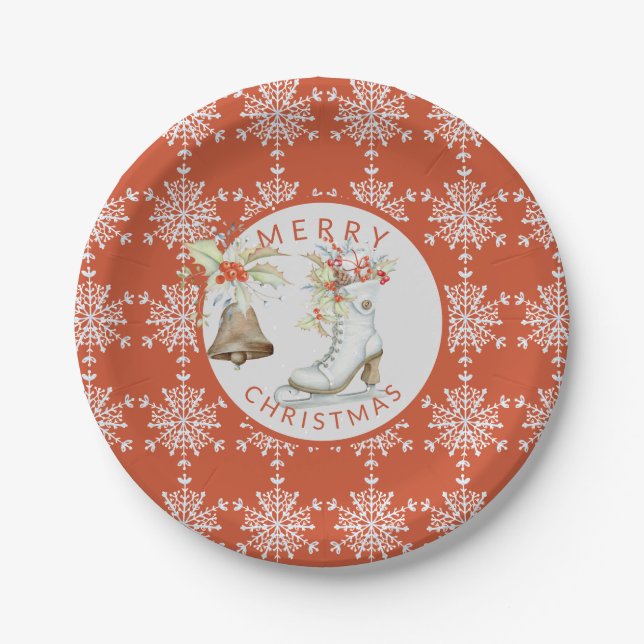 Red Grey Snowflakes Christmas Ice Skate Party Paper Plate (Front)