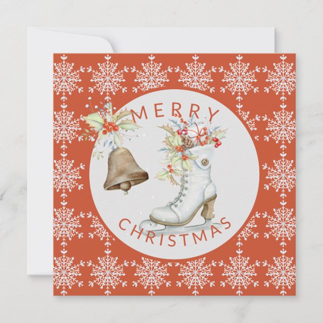 Red Grey Snowflakes Ice Skate Merry Christmas Holiday Card (Front)