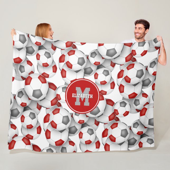 red grey soccer balls pattern monogrammed fleece blanket (In Situ)