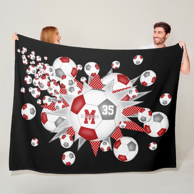 Red grey soccer balls stars athlete name fleece blanket (In Situ)