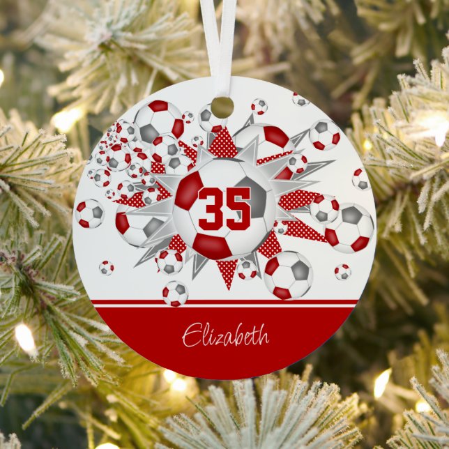 Red grey soccer balls stars personalised  metal tree decoration (Insitu)