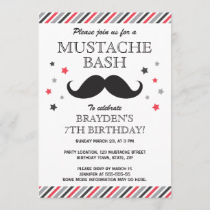Red grey stripes moustache bash birthday party invitation