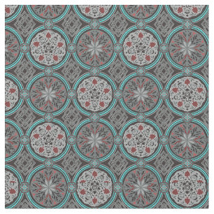 Red, Grey & Teal Damask Style Brocade Fabric