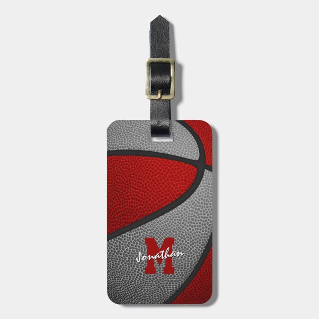 red grey team colours monogrammed basketball luggage tag (Front Vertical)