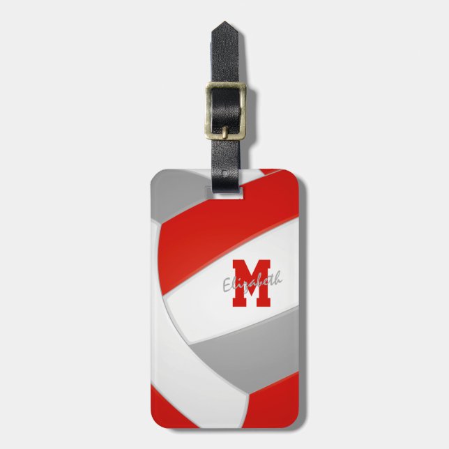 red grey team colours monogrammed volleyball luggage tag (Front Vertical)