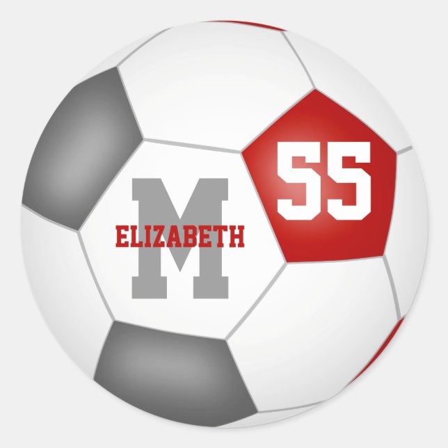 red grey team colours soccer ball personalised classic round sticker (Front)