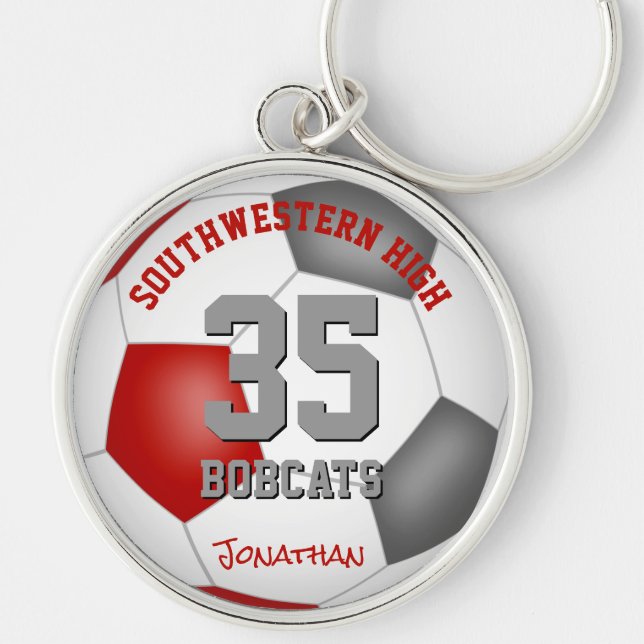 red grey team player name boys girls soccer key ring (Front)