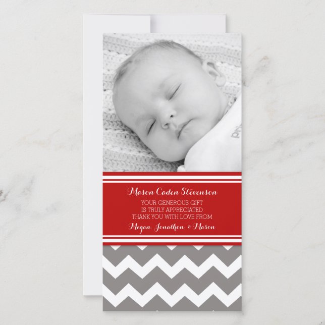 Red Grey Thank You Baby Shower Photo Cards (Front)