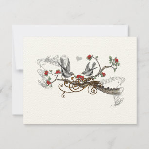 Red & Grey Vintage Love Birds Wedding RSVP Card