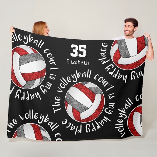 Red grey volleyball court my happy place mantra  fleece blanket (In Situ)