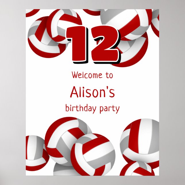 red grey volleyballs kids birthday party welcome poster (Front)