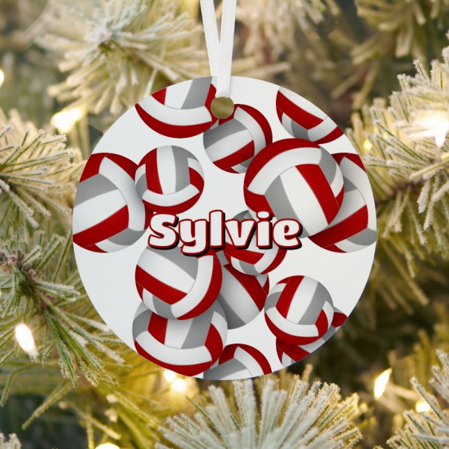 red grey volleyballs w athlete name keepsake metal tree decoration (Insitu)
