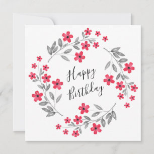 Red Grey Watercolor Floral Wreath Card