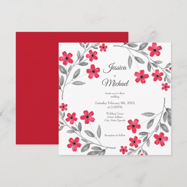 Red Grey Watercolor Floral Wreath Invitation (Front/Back)
