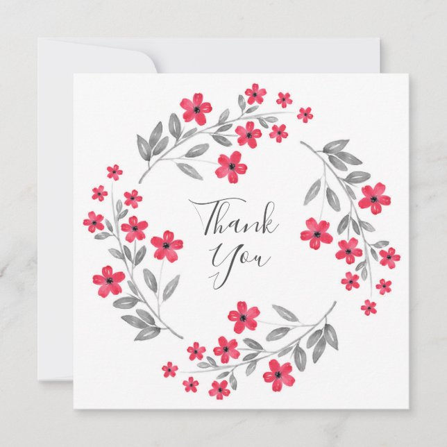 Red Grey Watercolor Floral Wreath Thank You Card (Front)