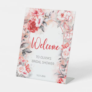 Red Grey Watercolor Flowers Bridal Shower Welcome Pedestal Sign
