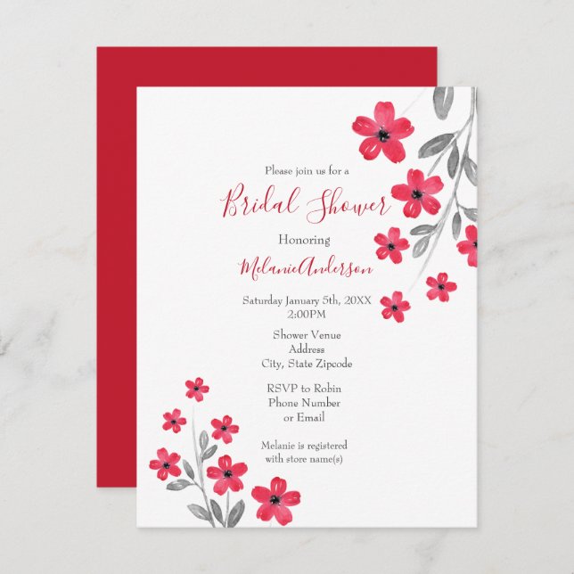 Red Grey Watercolor Flowers Invitation (Front/Back)