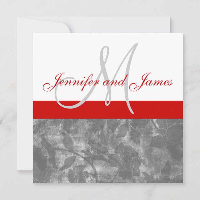 Red Grey Wedding Invitation Monogram Names Floral (Front)