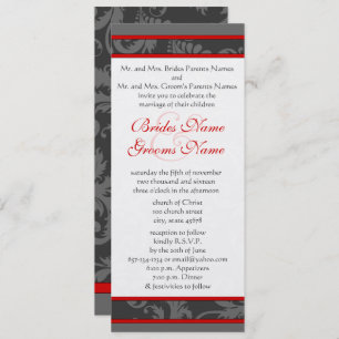 Red Grey White 9x4 Damask Swirl Wedding Invite
