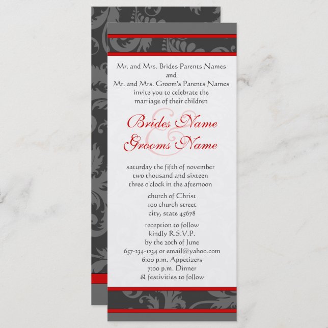 Red Grey White 9x4 Damask Swirl Wedding Invite (Front/Back)