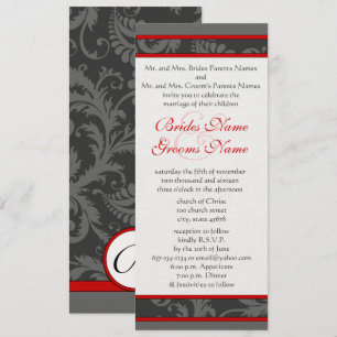 Red Grey White 9x4 Damask Swirl Wedding Invite