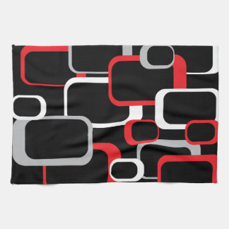 Red Grey White Black Retro Squares Pattern Tea Towel