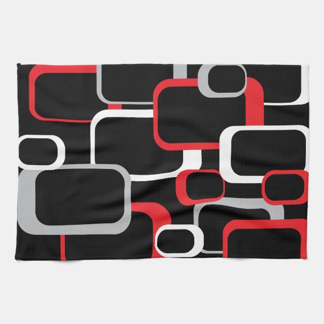 Red Grey White Black Retro Squares Pattern Tea Towel (Horizontal)