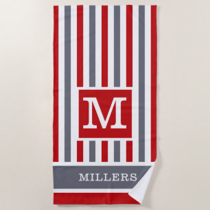  Red Grey White Cabana Stripe Family Name Monogram Beach Towel