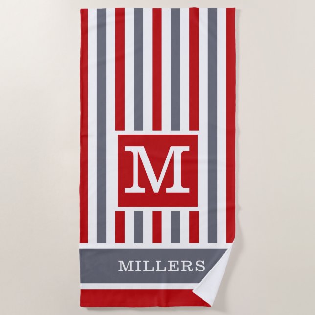  Red Grey White Cabana Stripe Family Name Monogram Beach Towel (Front)