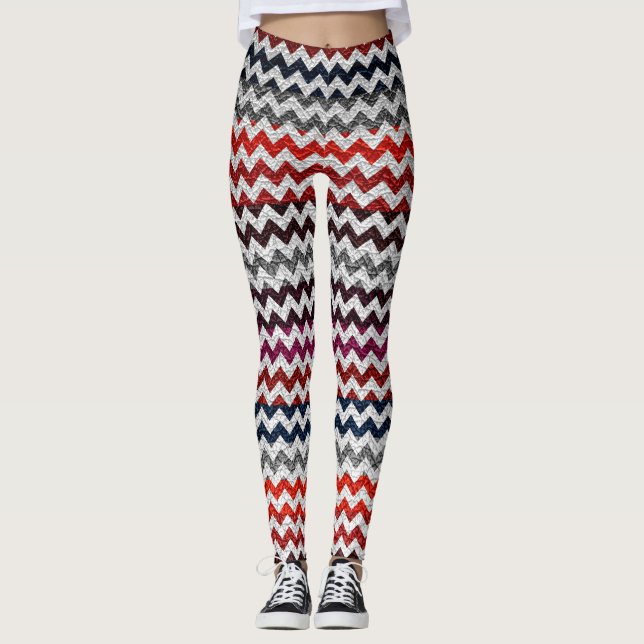 Red Grey White Chevron Modern Leather Leggings (Front)