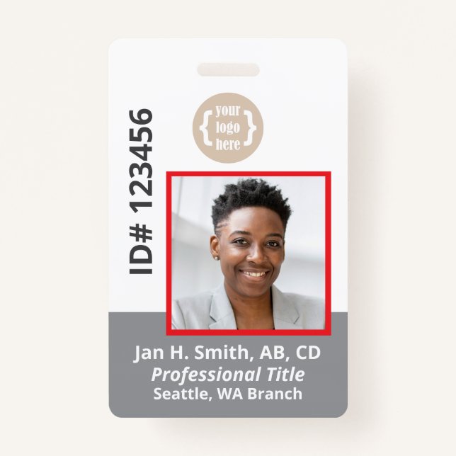 Red Grey White Employee Photo ID Card ID Badge (Front)