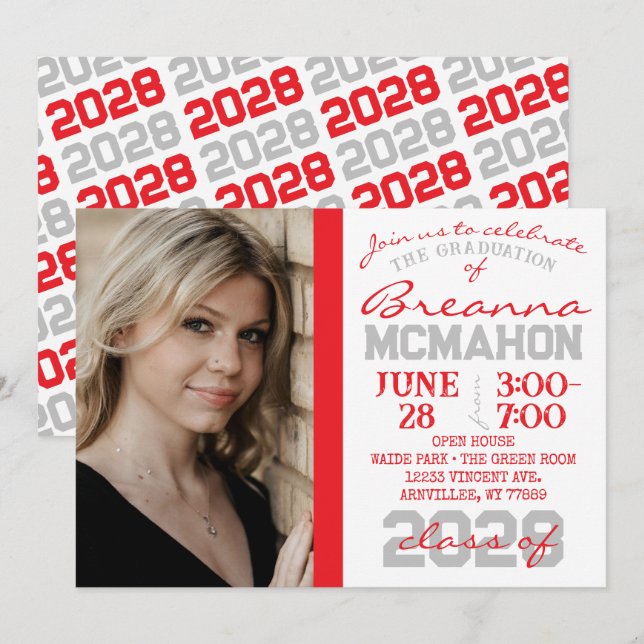 Red, Grey & White Graduation Photo Invitation (Front/Back)