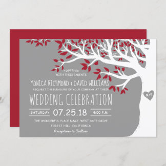Red Grey White Tree Rustic Vintage Wedding Invitation