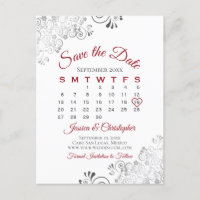 Red, Grey & White Wedding Save the Date Calendar
