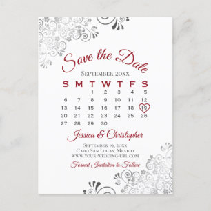 Red, Grey & White Wedding Save the Date Calendar Announcement Postcard