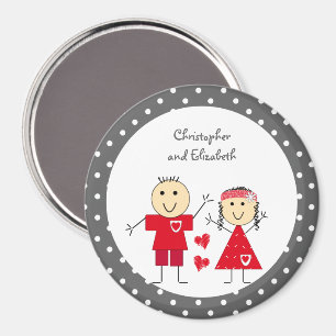 Red grey with dots stick figures and names magnet