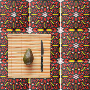 Red Grey Yellow Folk Art Ethnic Geometric Pattern Tile