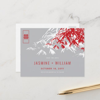Red Grey Zen Bamboo Chinese Wedding Save The Date Announcement Postcard