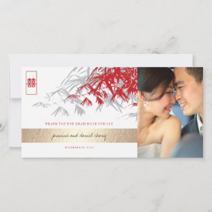 Red Grey Zen Bamboo Leaves Chinese Wedding Photo Thank You Card
